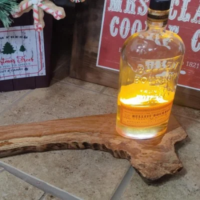 Whiskey & Bourbon Bottle and Glass Display with LED Light - Live Edge Wood – Rustic Handcrafted Bar