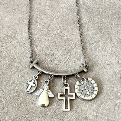 Silver Religious Cross Charm Arch Necklace