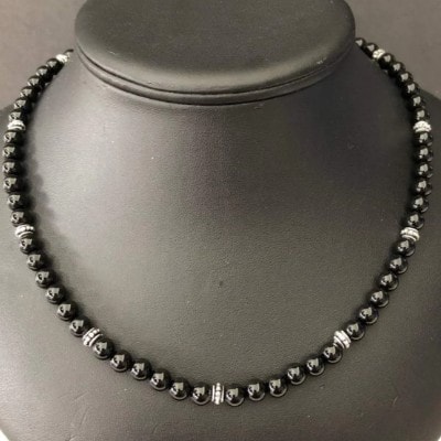Mens Black Onyx and Silver Beaded Necklace