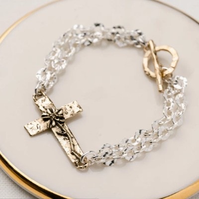 Sterling Silver Hammered Link Bracelet - Bronze Flowering Cross