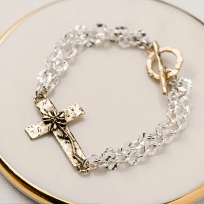 Sterling Silver Hammered Link Bracelet - Bronze Flowering Cross