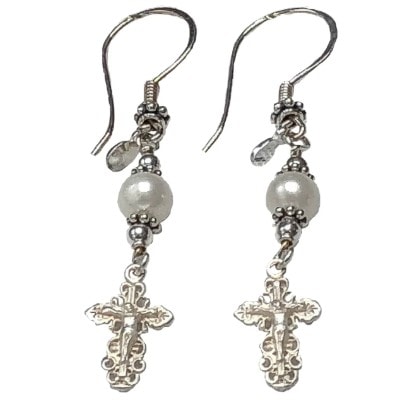 Handmade Sterling Silver Crucifix Earrings Freshwater-Cultured Pearl - New Model #2