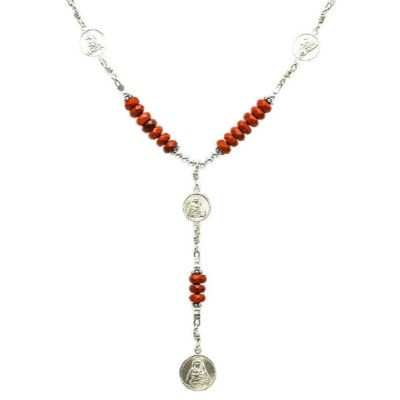 Sterling Silver 7 Sorrows Rosary 6mm Coral Necklace with 7 Sorrows Medal Set