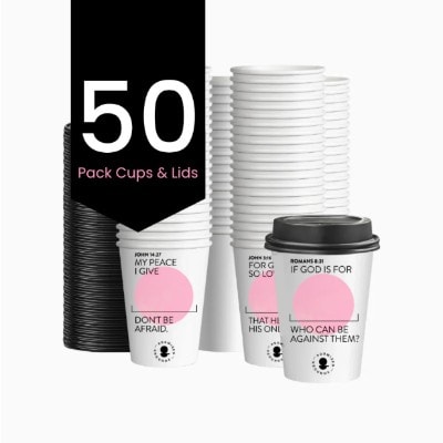 50 Pink Scripture Coffee Cups - Double Walled Paper Cups & Lids 12oz (Pink Edition)