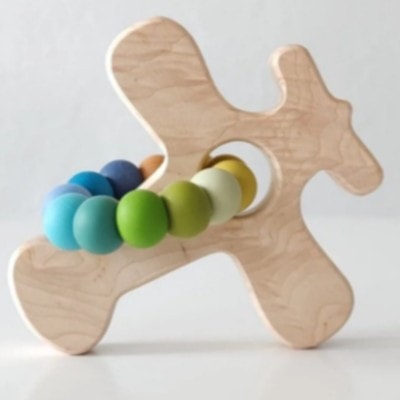 Airplane Wood Grasping Toy With Teething Beads