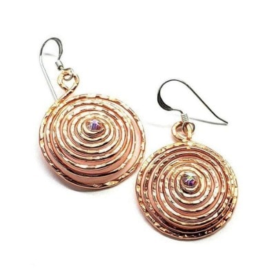 Crystal Embedded Copper Spiral Hoop Earrings