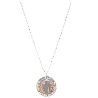 “Abide Silver” Silver Cross Round Pendant