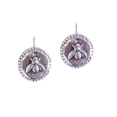 “BEEkind” Hammered Bee Round Silver Earrings