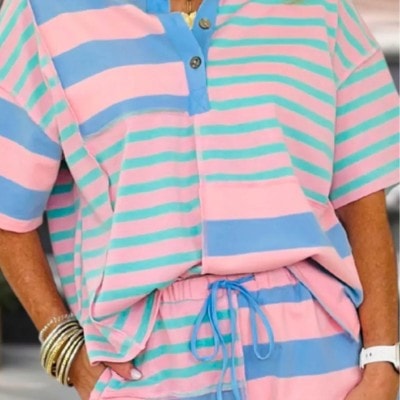 Stripe Exposed Seam Mixed Patchwork Loose Short Set