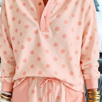 Polka Dot Drop Shoulder Polo Loose Pullover Patch Pocket Casual Shorts Set