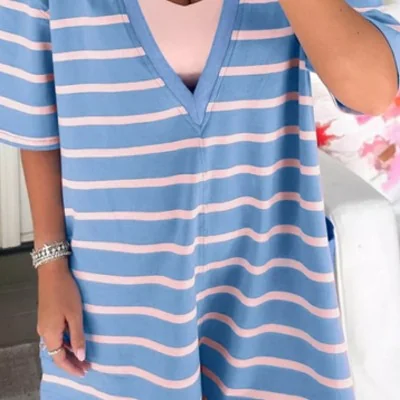 Striped V-Neck Half Sleeve Romper
